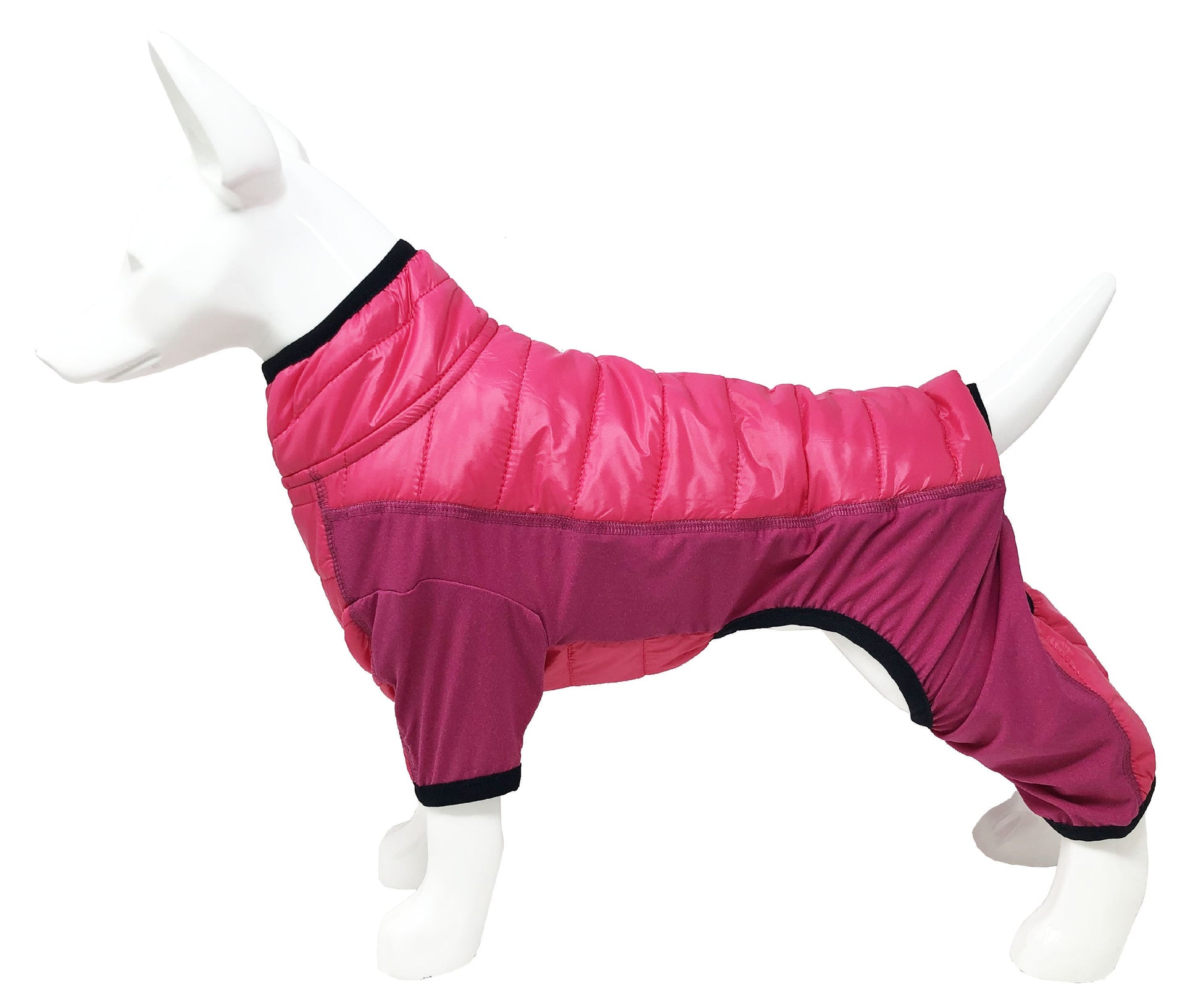 Pink dog coat on a mannequin against a white background
