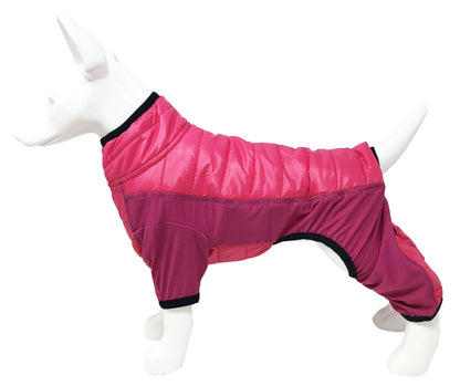 Pink dog coat on a mannequin against a white background