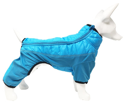 Blue dog coat on a mannequin against a white background