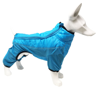 Blue dog coat on a mannequin against a white background