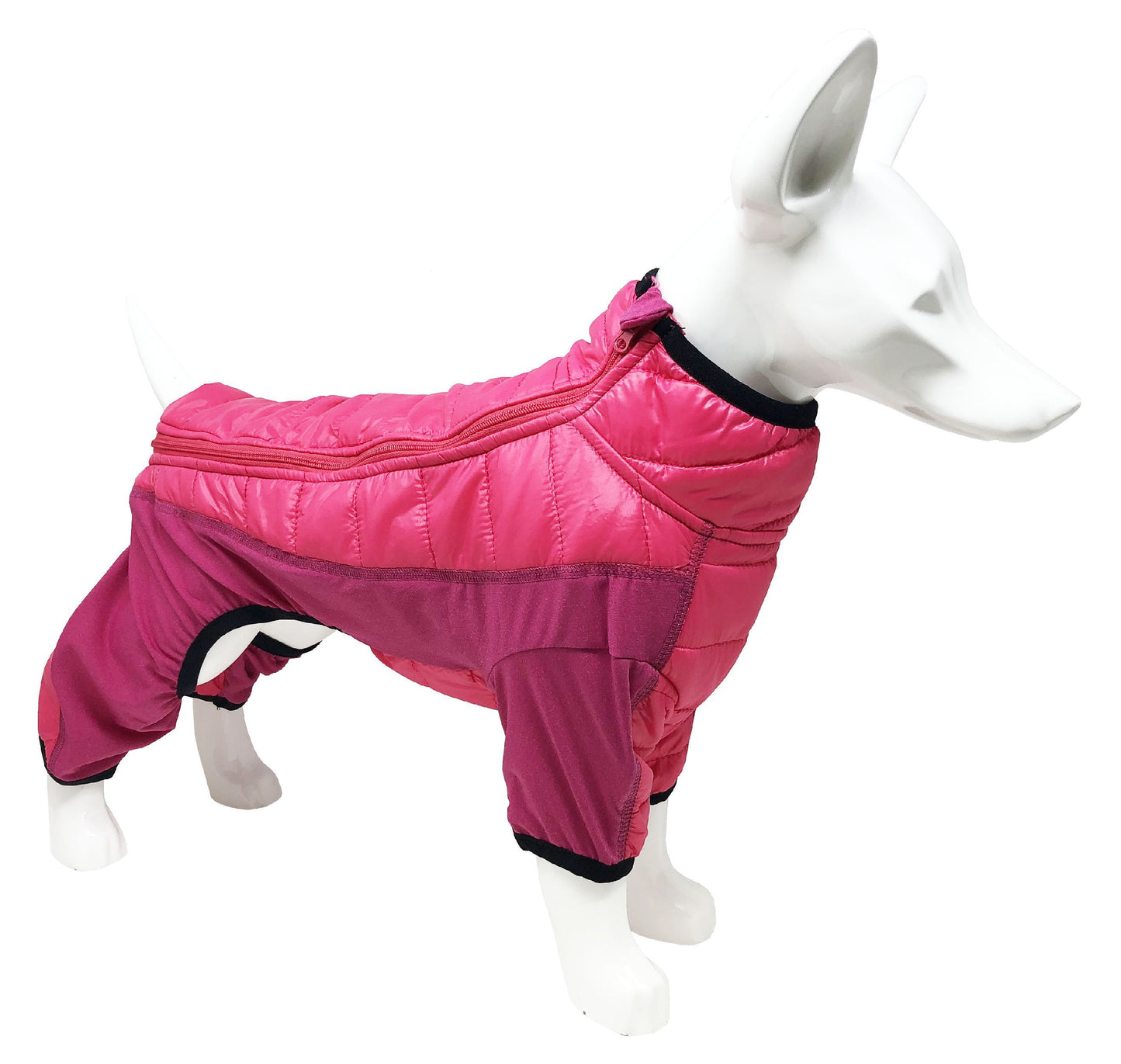 Pink dog coat on a mannequin against a white background