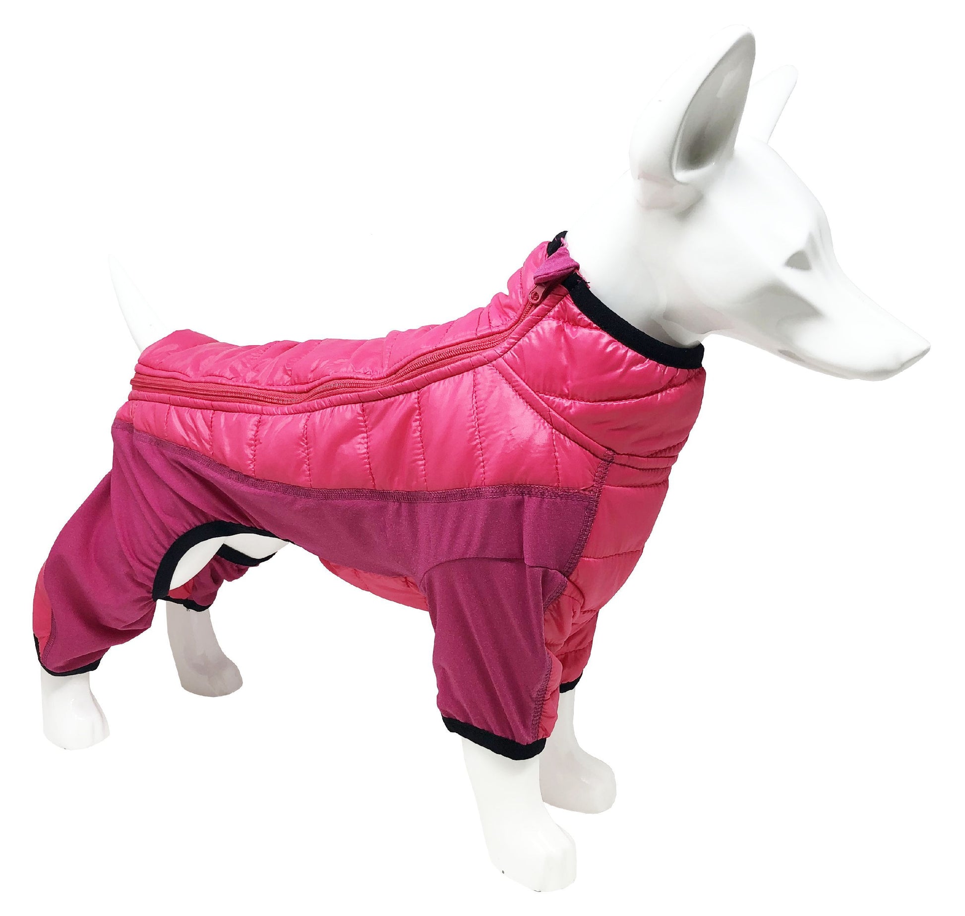 Pink dog coat on a mannequin against a white background