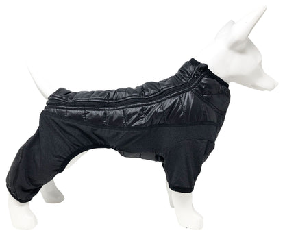 Black dog coat on a mannequin against a white background