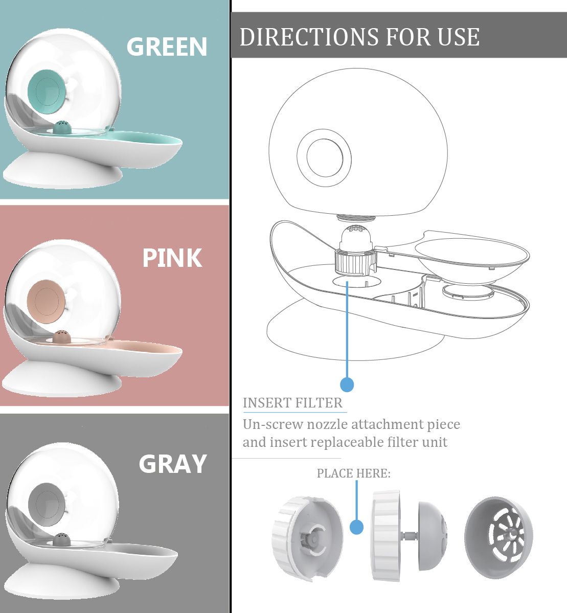 Product display with green, pink, and gray color options and usage instructions.