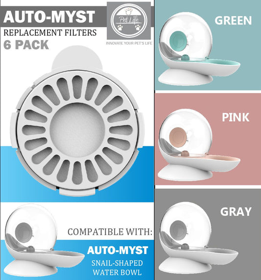 Replacement filters for Auto-Myst snail-shaped water bowl in green, pink, and gray with product packaging.