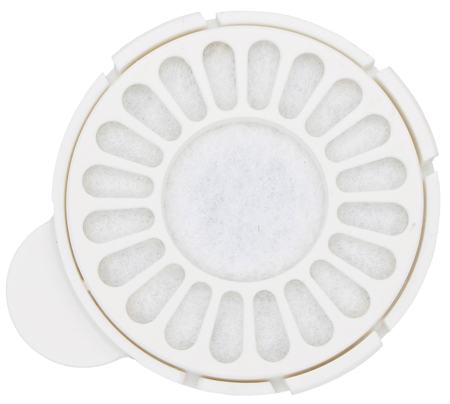 White plastic component with circular design on a white background