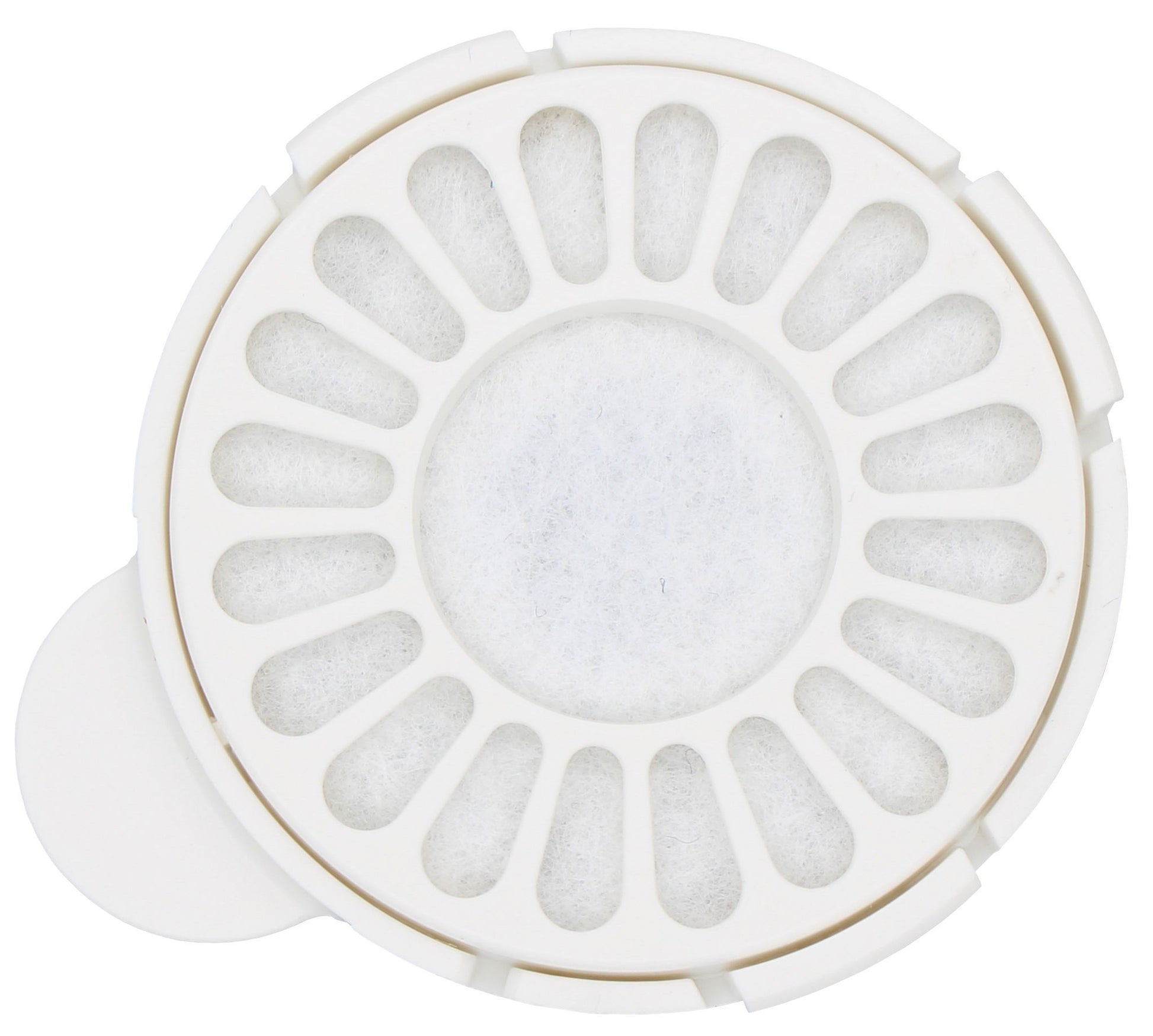 White plastic component with circular design on a white background