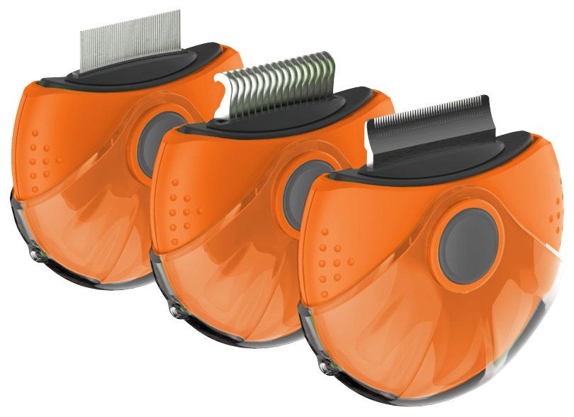 Three orange grooming tools with black accents on a white background