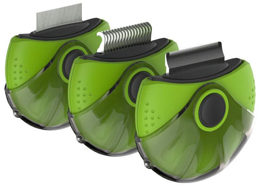Three green and black grooming tools on a white background