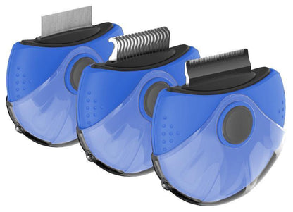 Three blue pet grooming tools with black accents on a white background