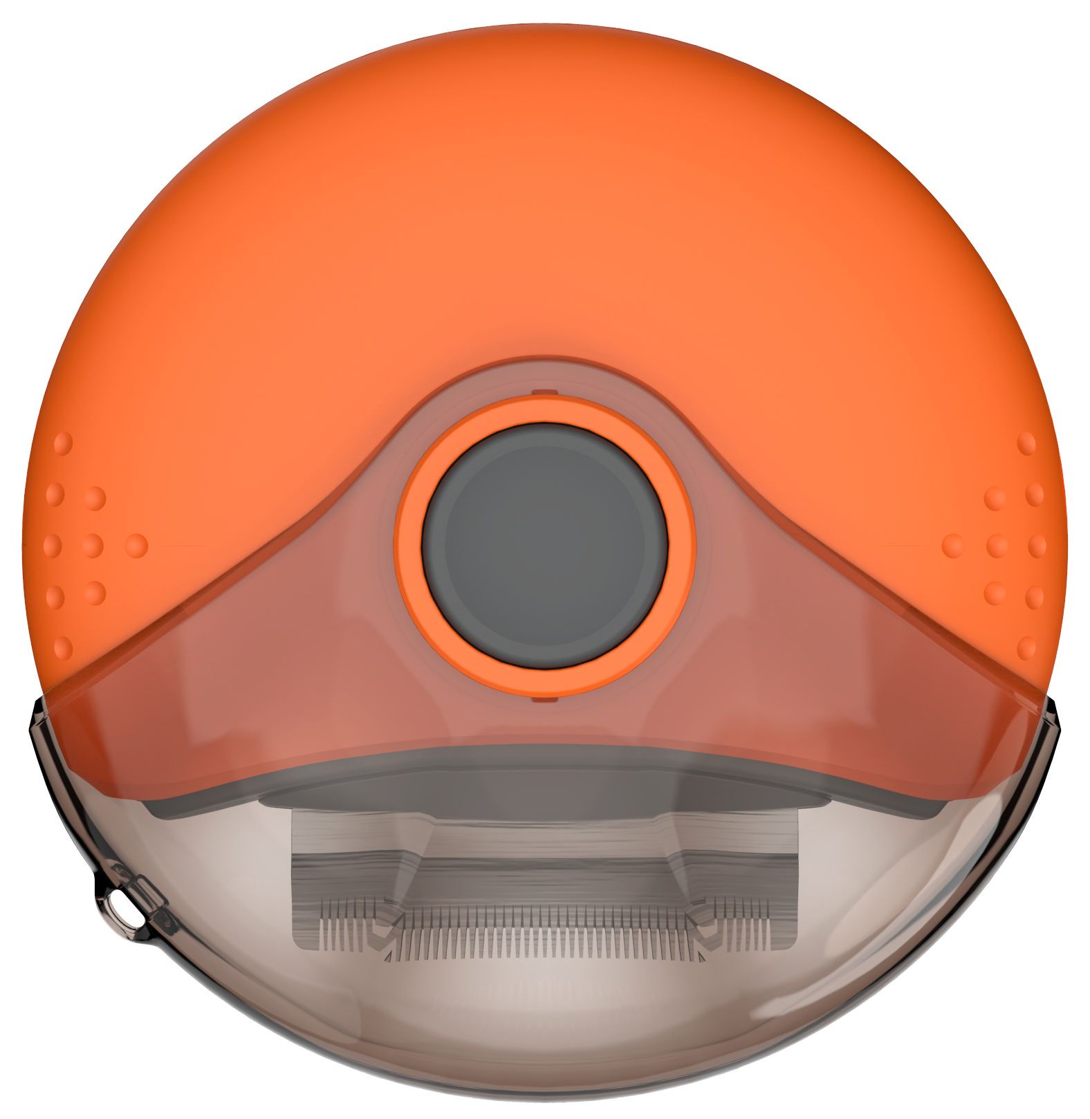 Orange and transparent helmet with a central dark gray circle on a white background