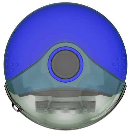 Blue and gray helmet with a central circular design on a white background