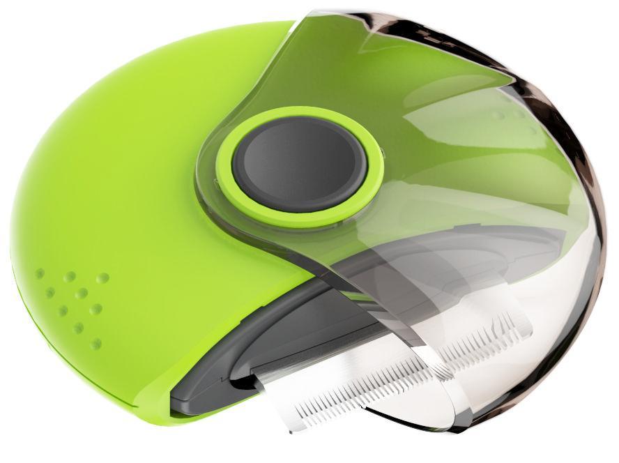 Green and black helmet with clear visor on a white background