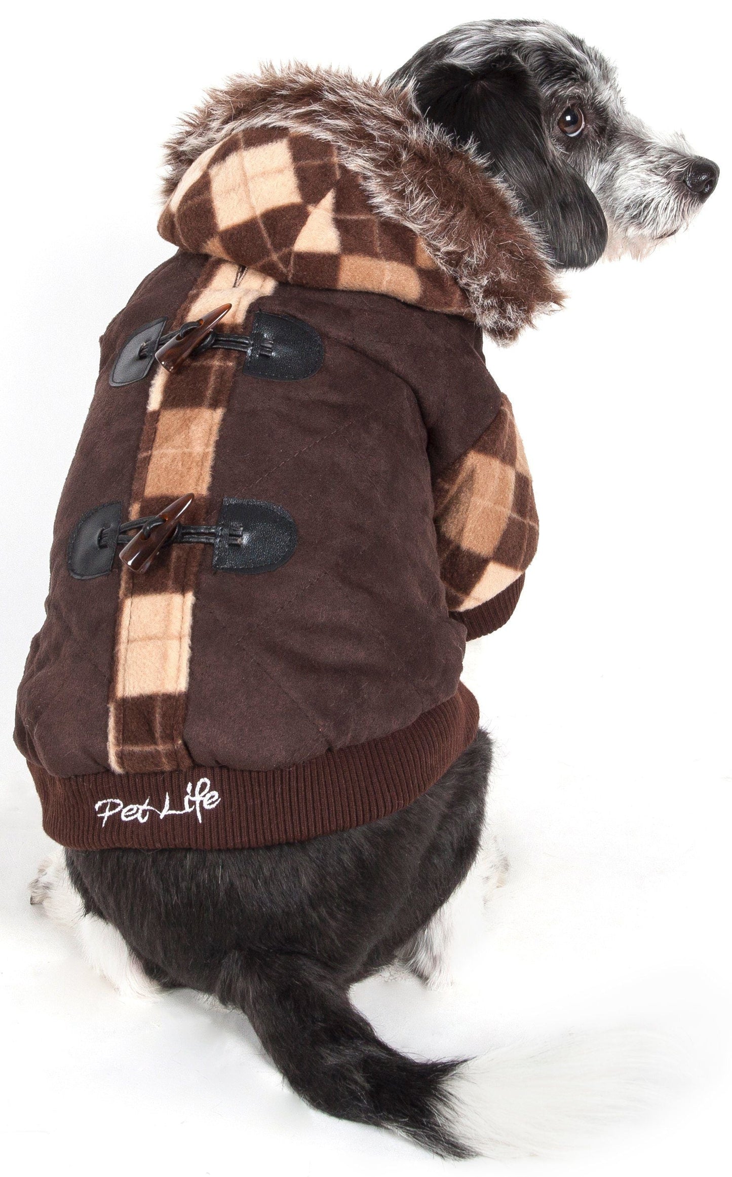Dog wearing a brown plaid coat with 'Pet Life' branding on a white background