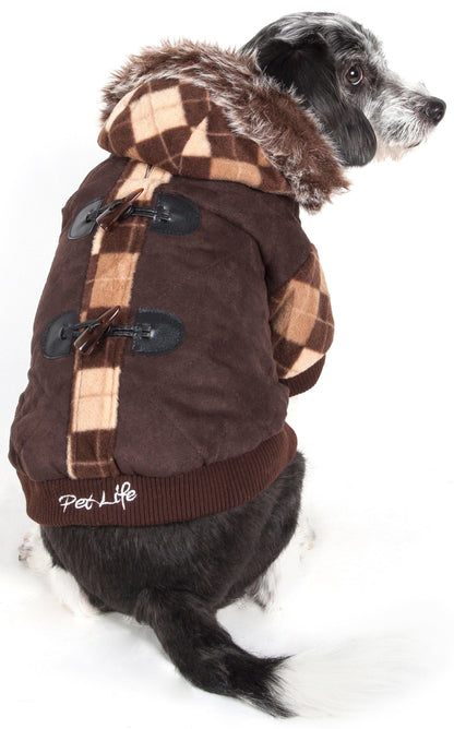 Dog wearing a brown plaid coat with 'Pet Life' branding on a white background