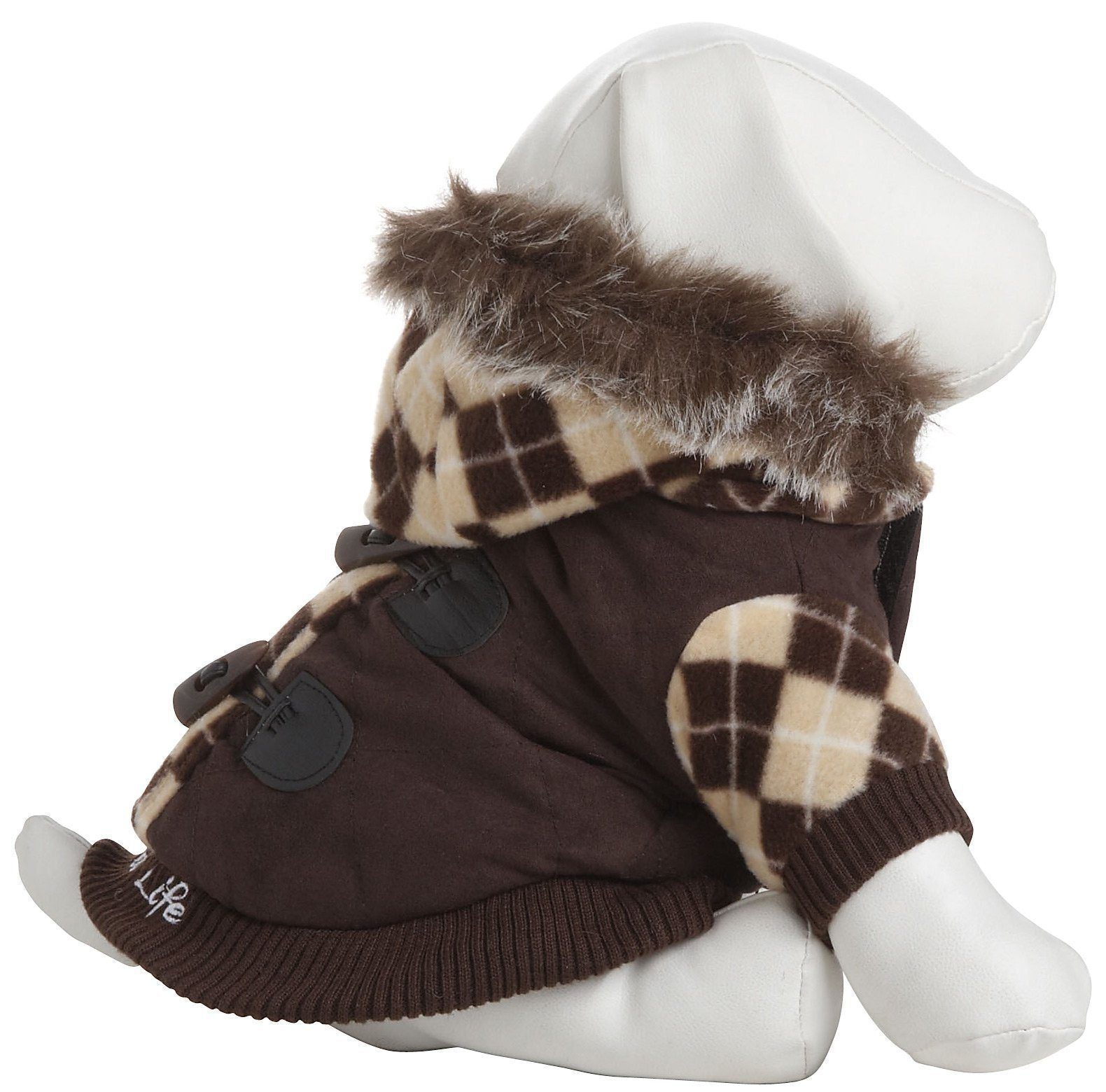 Dog coat with plaid pattern and fur trim on a mannequin against a white background