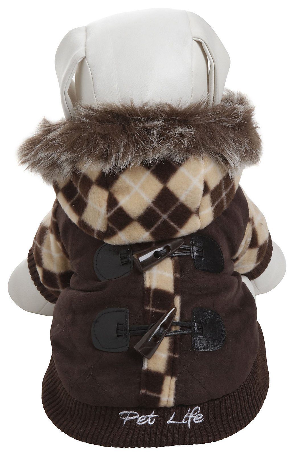 Dog coat with plaid pattern and fur hood on a white background