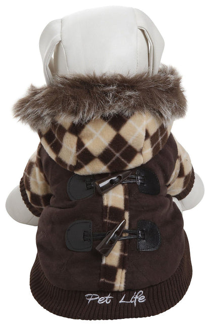 Dog coat with plaid pattern and fur hood on a white background