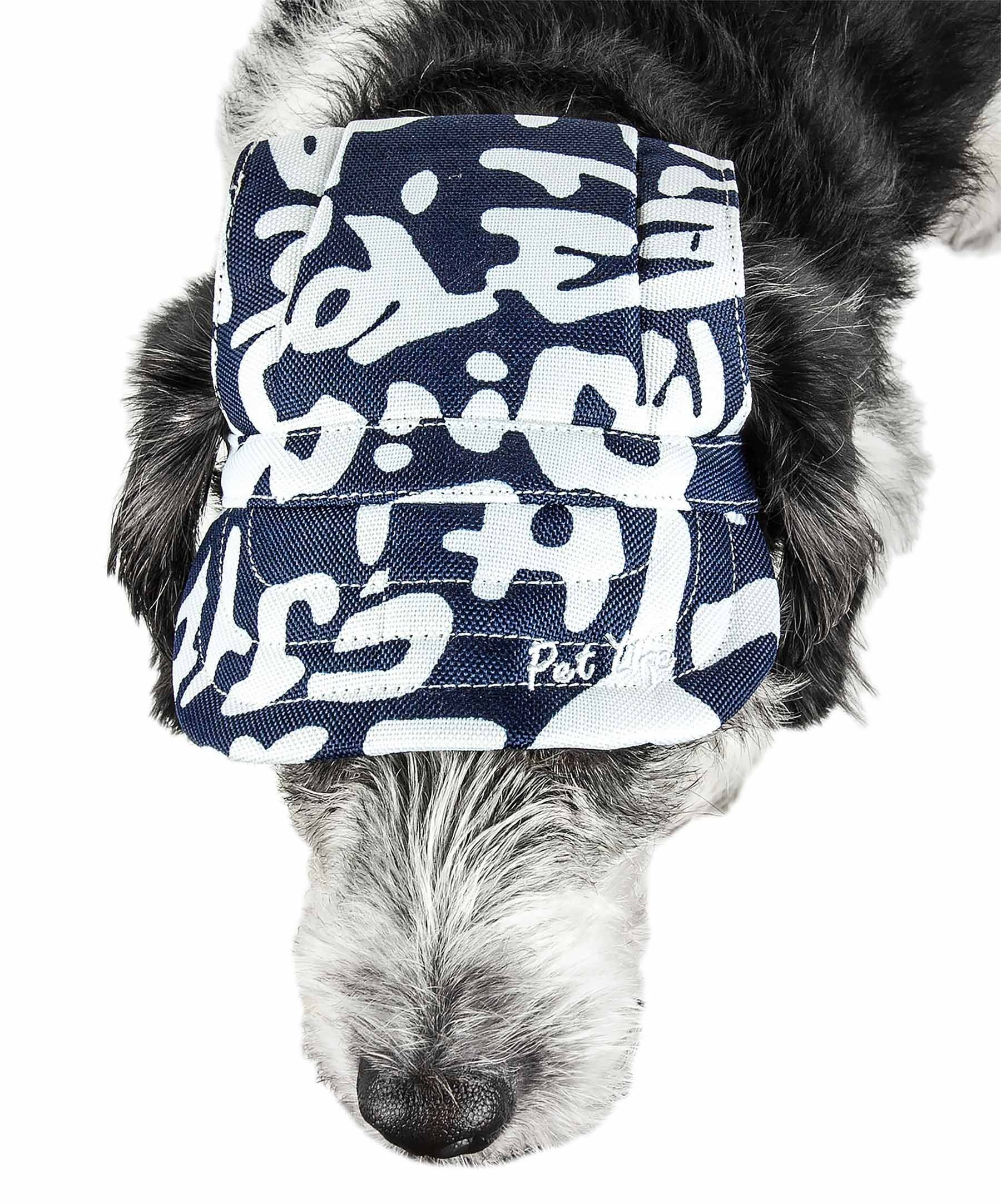 Dog wearing a navy blue and white patterned bandana on a white background