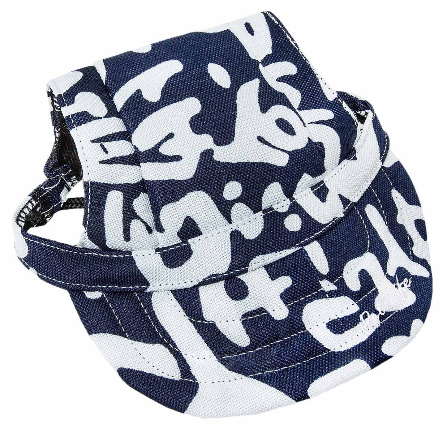 Navy blue bag with white abstract patterns on a white background