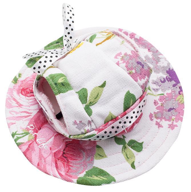 Floral-patterned bucket hat with a colorful interior on a white background