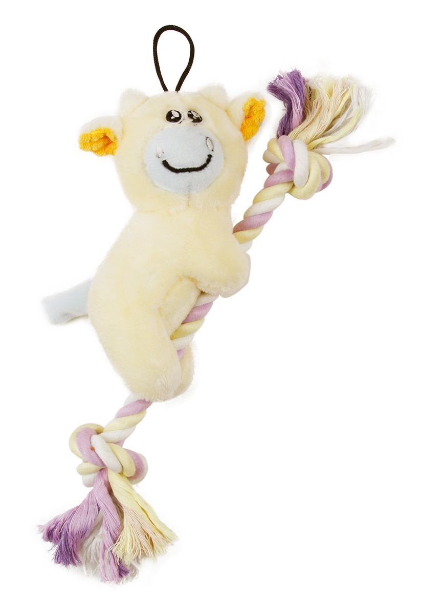 Plush monkey toy with a rope on a white background