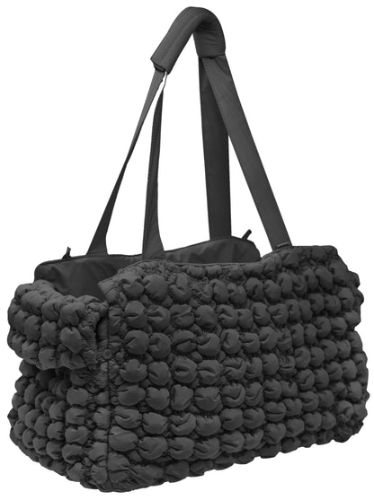 Black textured duffel bag on a white background
