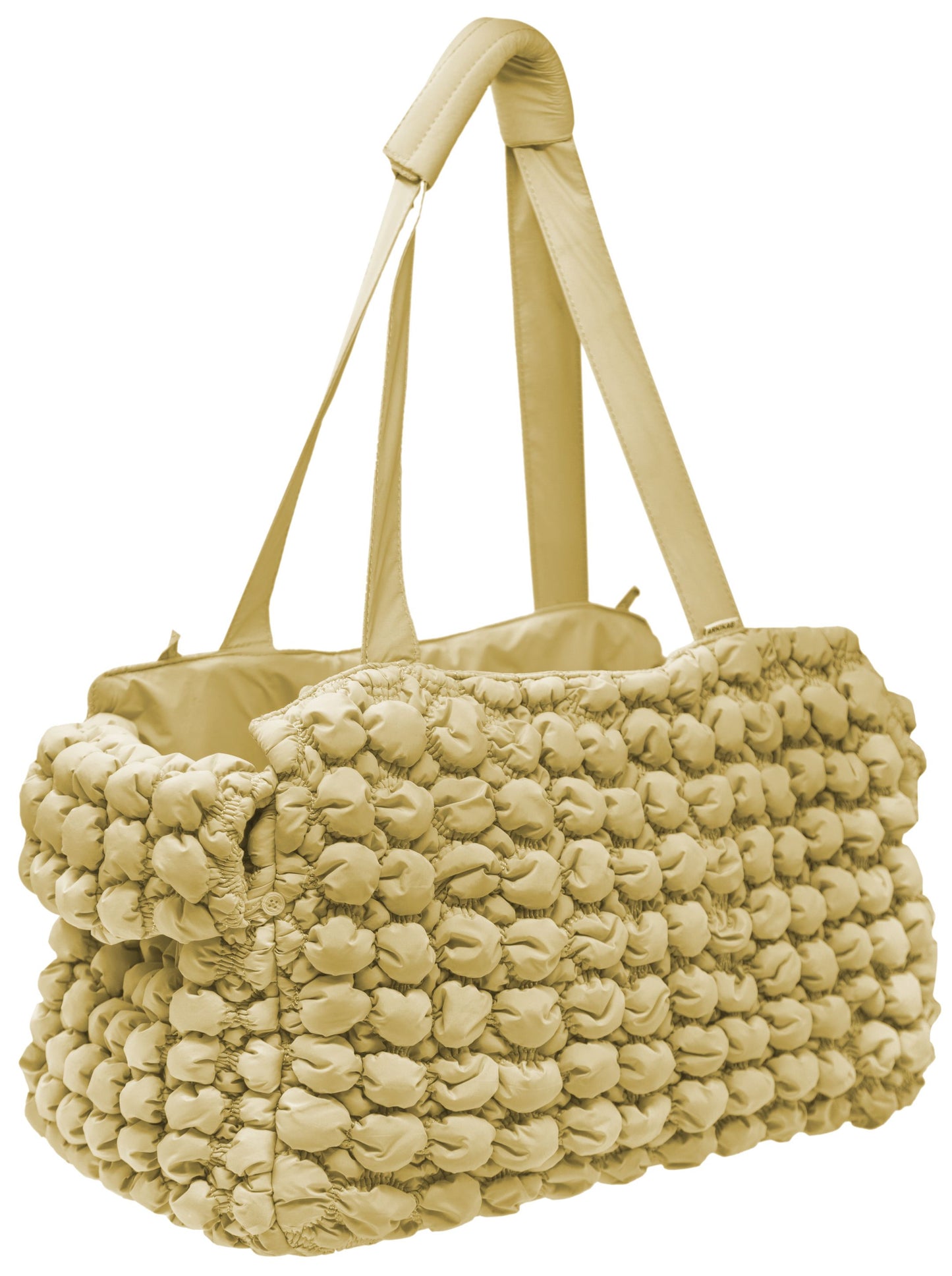 Beige textured tote bag with a matching duffel bag on a white background