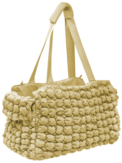 Beige textured tote bag with a matching duffel bag on a white background