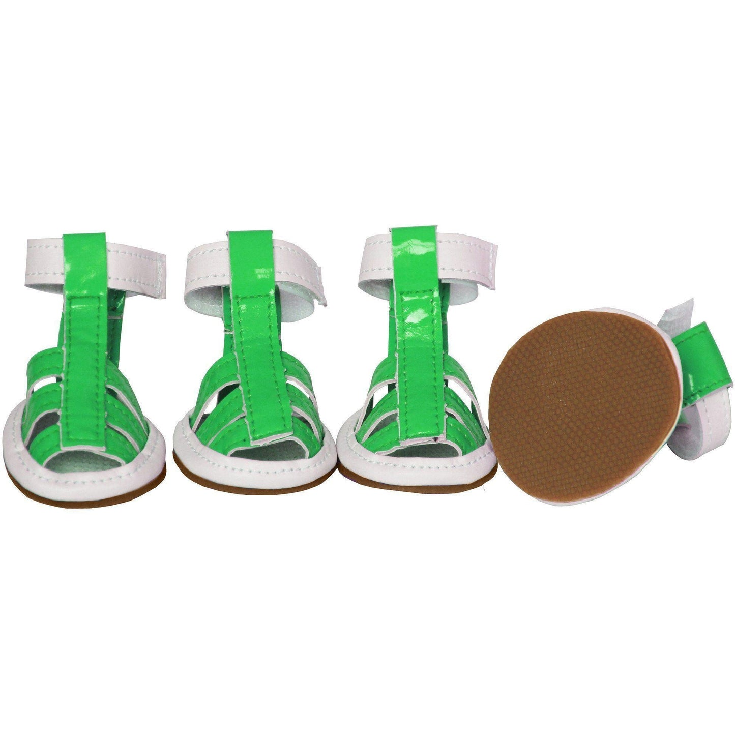 Green sandals with white straps on a white background
