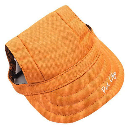 Orange visor with 'Pet Life' branding on a white background
