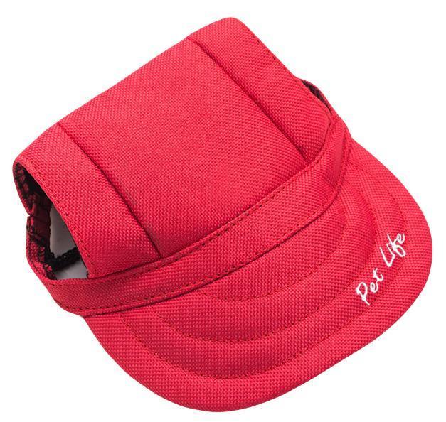 Red pet visor with 'Pet Life' branding on a white background