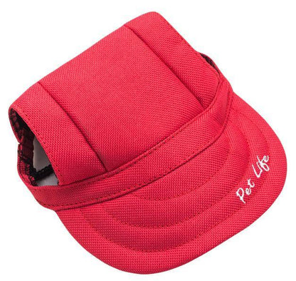 Red pet visor with 'Pet Life' branding on a white background
