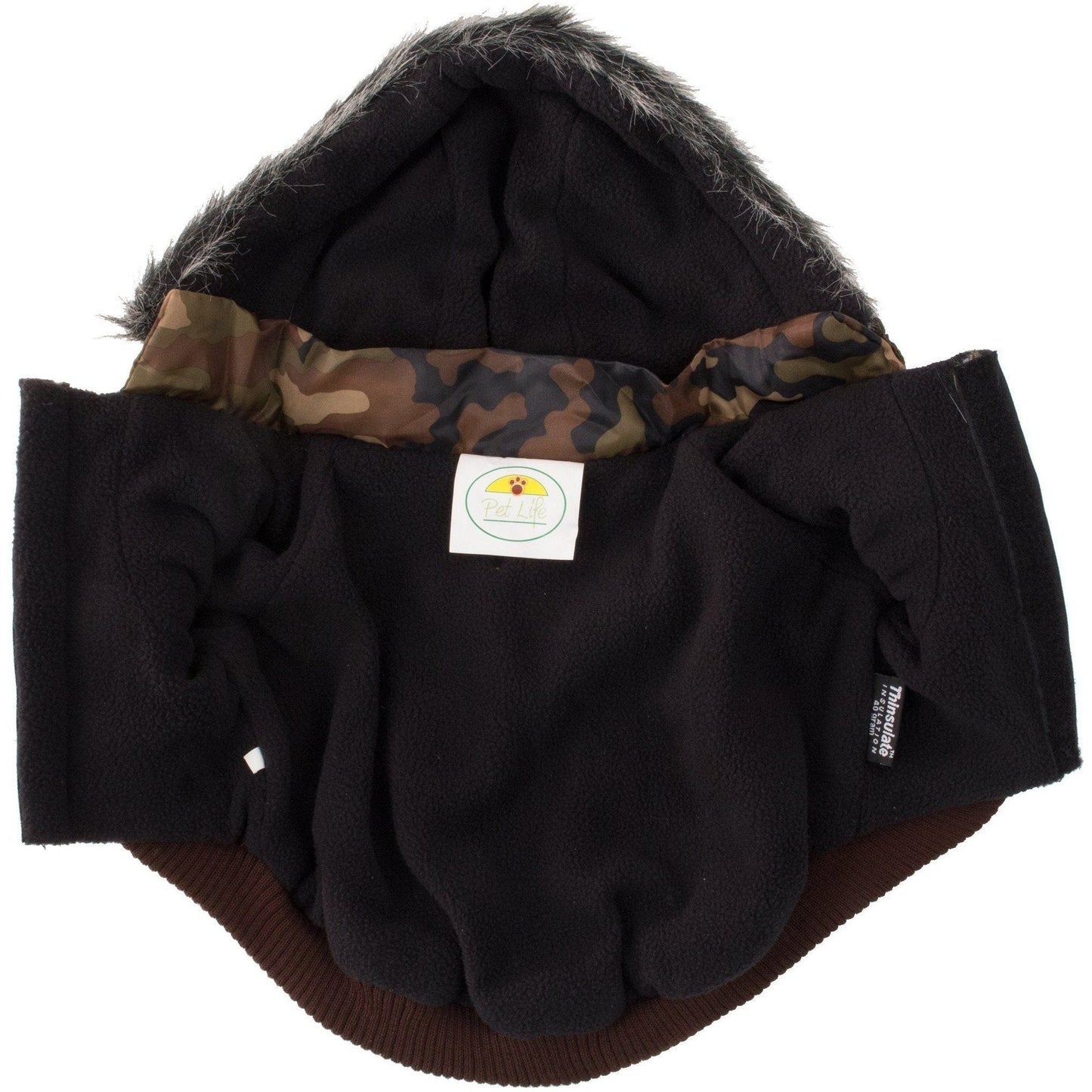 Black pet coat with camouflage lining on a white background