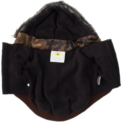 Black pet coat with camouflage lining on a white background