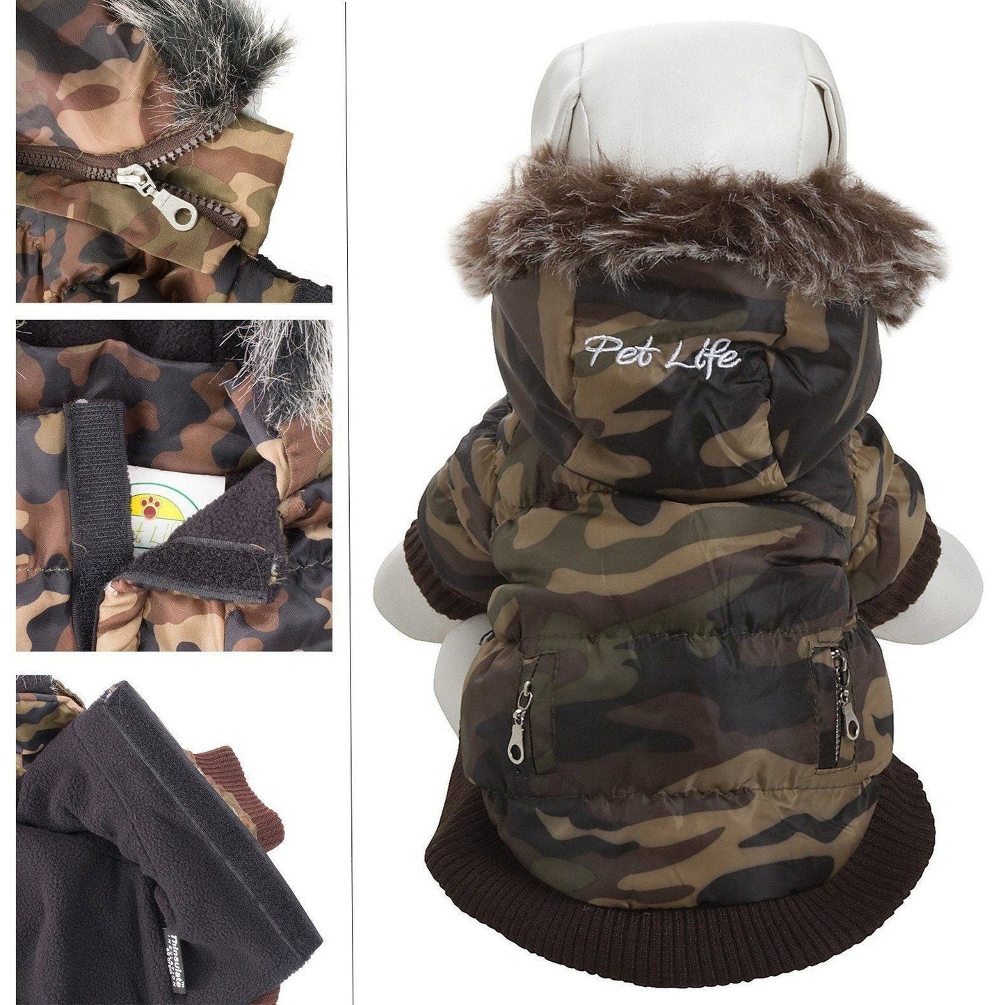 Camouflage dog coat with fur hood and white text on a white background