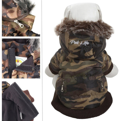 Camouflage dog coat with fur hood and white text on a white background