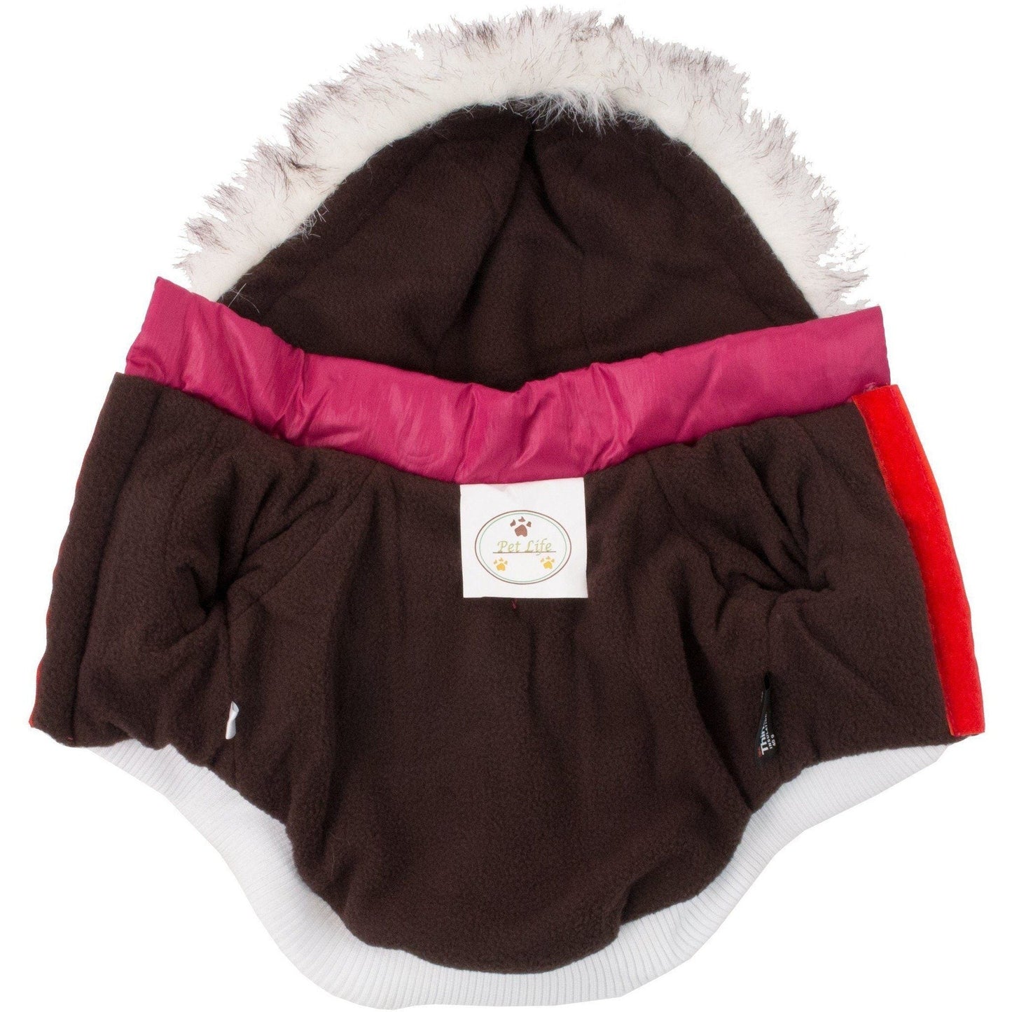 Brown pet coat with pink trim and white fur on a white background