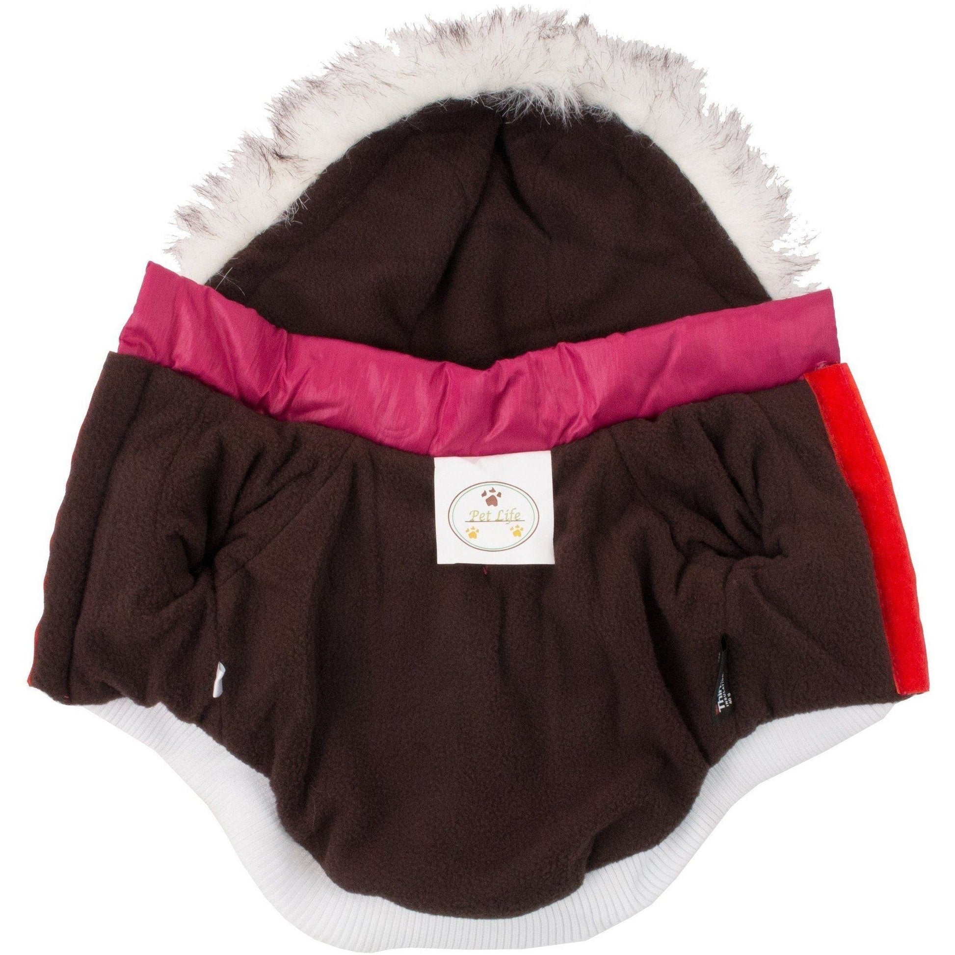 Brown pet coat with pink trim and white fur on a white background