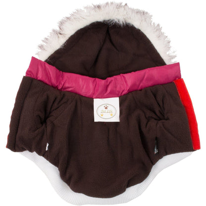 Brown pet coat with pink trim and white fur on a white background