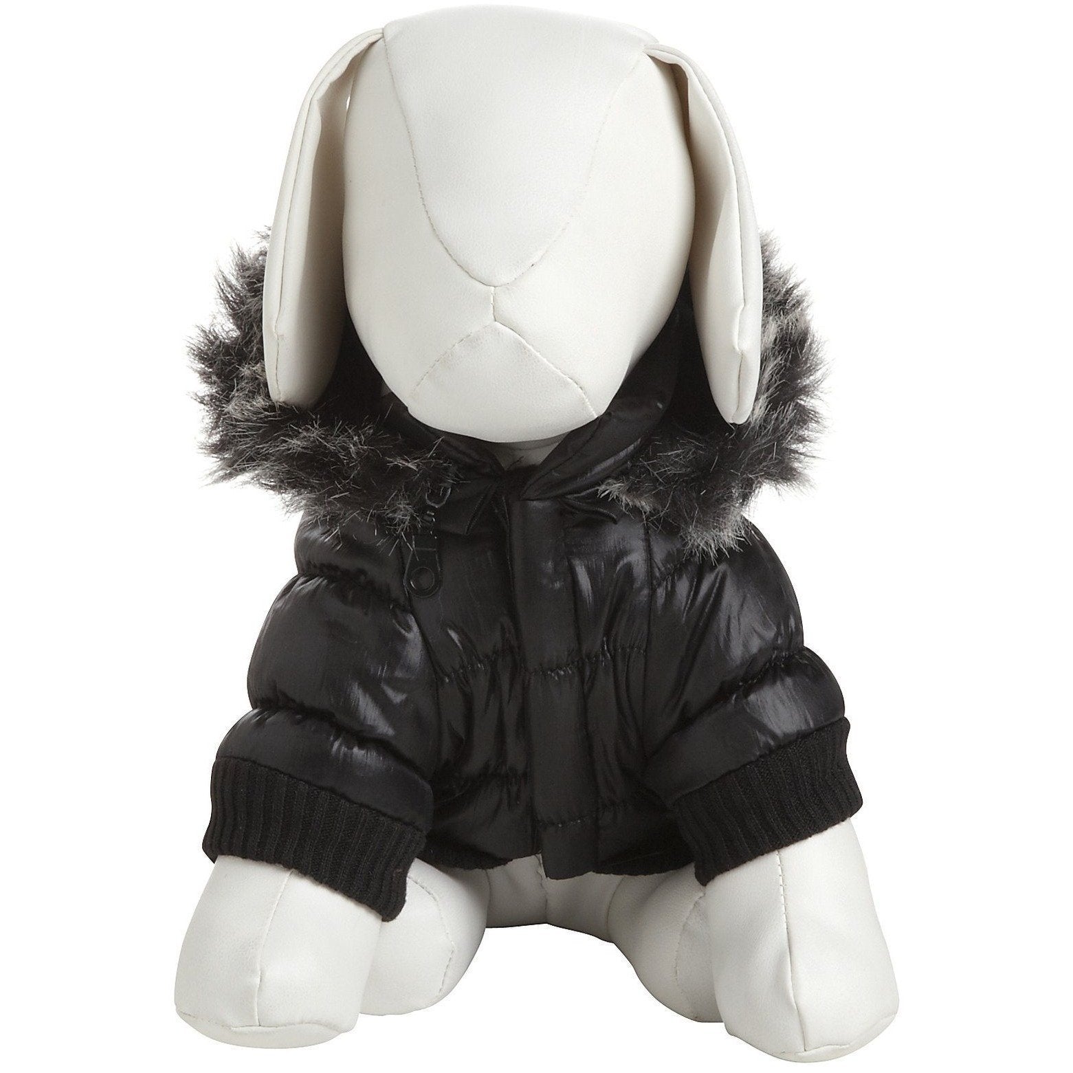 Mannequin wearing a black puffer suit with fur hood on a white background