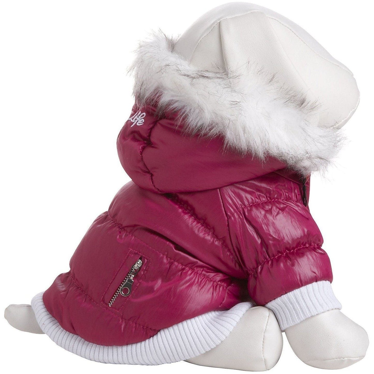 Pink puffer coat with white fur hood on a white background