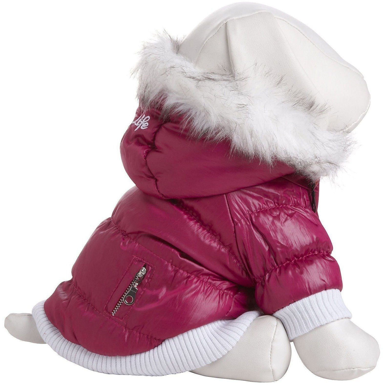Pink puffer coat with white fur hood on a white background