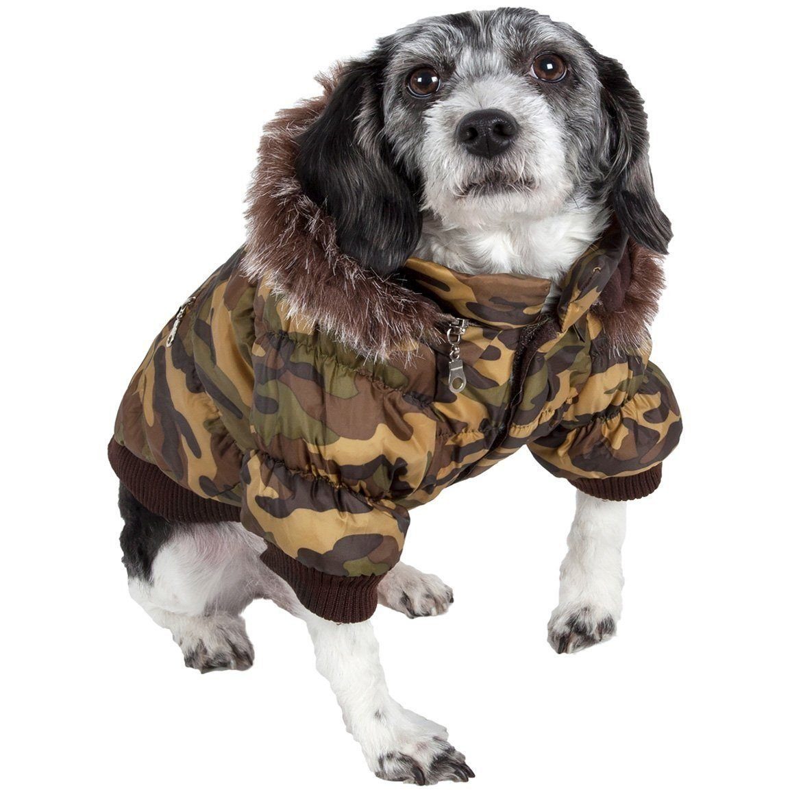 Dog wearing a camouflage coat with brown fur trim on a white background