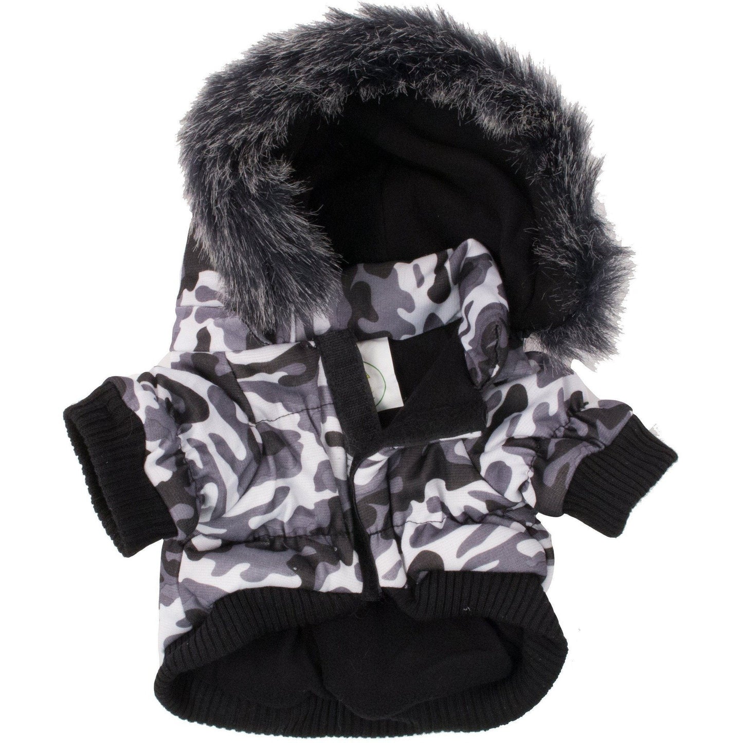 Dog coat with camouflage pattern and fur hood on a white background
