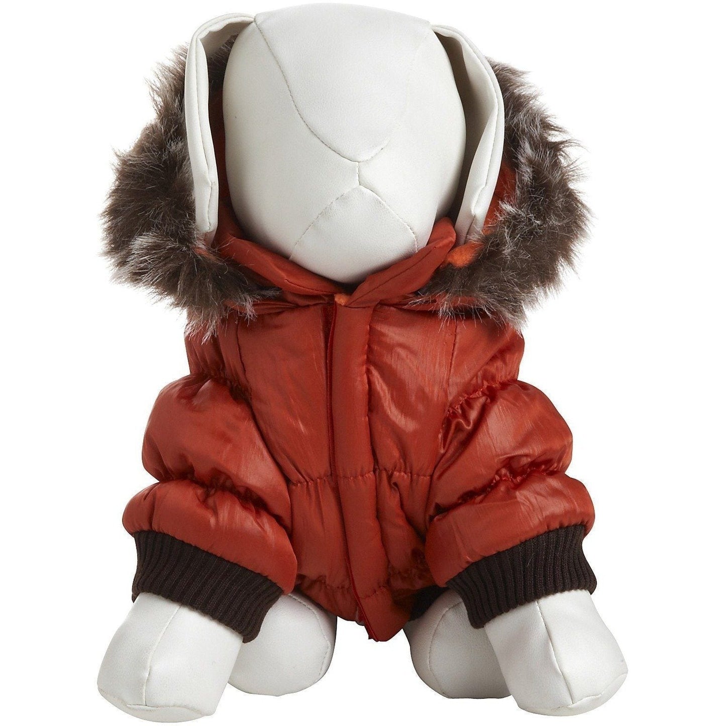 Red puffer jacket with fur hood on a mannequin against a white background