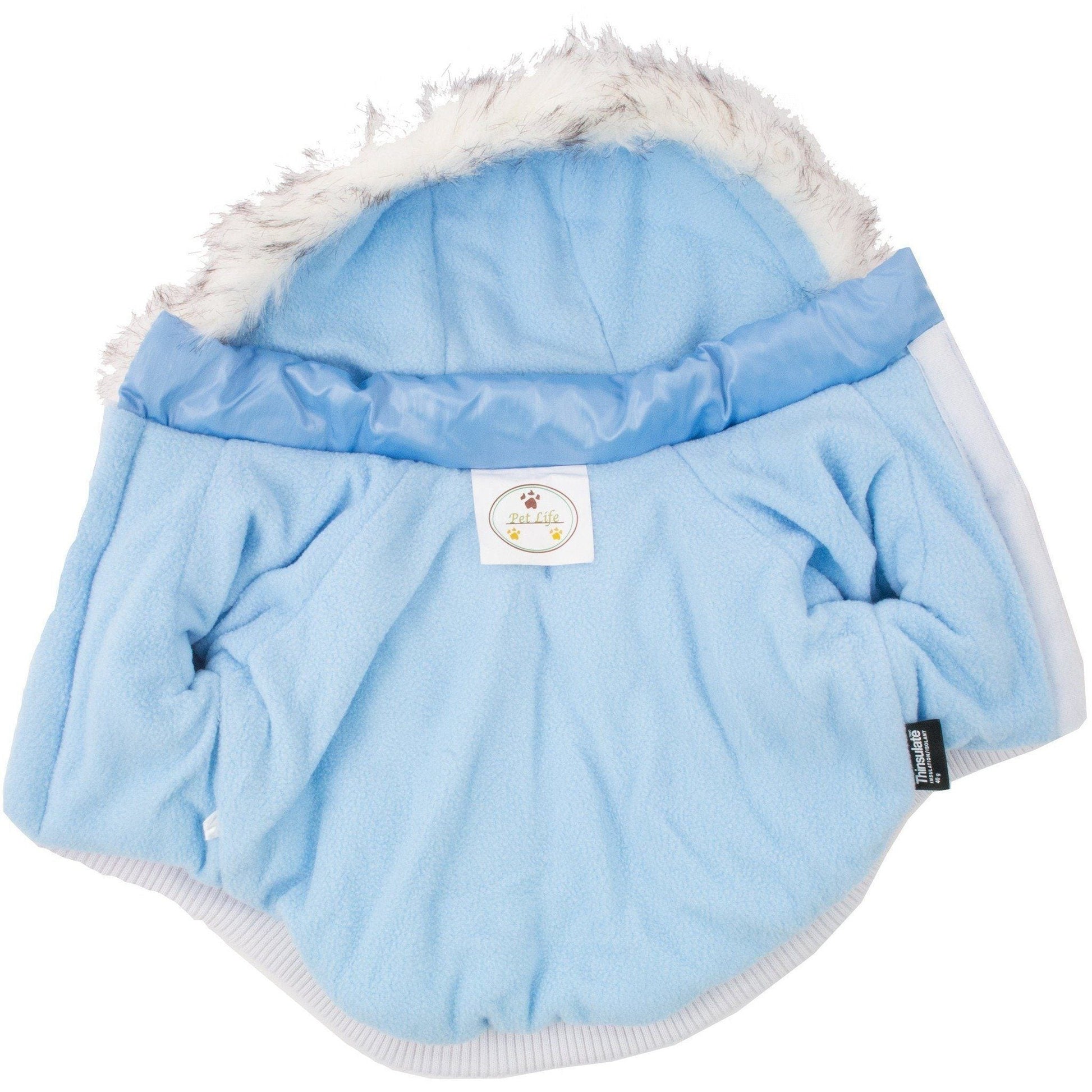 Blue pet coat with white fur lining on a white background