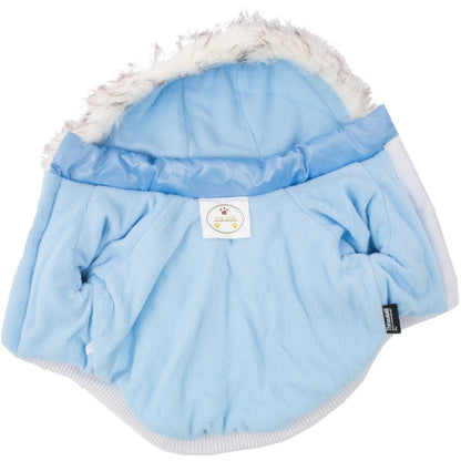 Blue pet coat with white fur lining on a white background