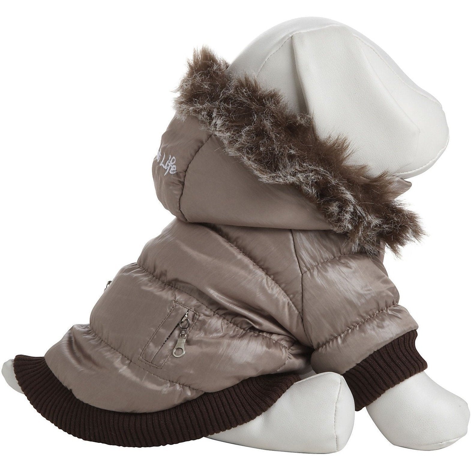 Brown dog puffer jacket with fur hood on a mannequin against a white background