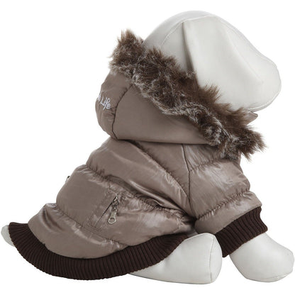 Brown dog puffer jacket with fur hood on a mannequin against a white background